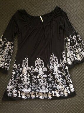 BLACK TUNIC DRESS WITH BELL SLEEVES BOHO HIPPIE WITCHCORE